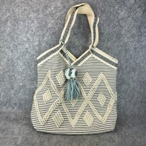 a&p DENIM Tote Bag Boho Embroidered Tassel Fringe Cottagecore Beach‎ Macrame
